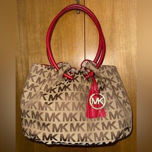 Michael Kors MK Logo Canvas Tote Bag Brown Red Leather Handles Tassel Purse
